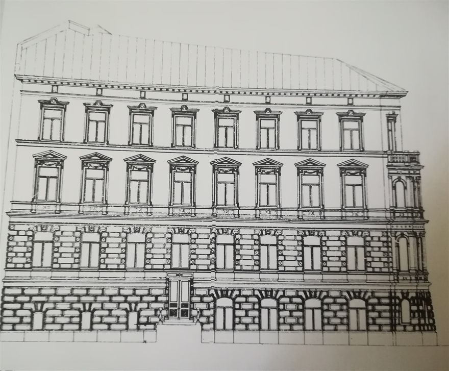 Talon alkuperäinen arkkitehtuuripiirros vuodelta 1887, Vuorimiehenkadun puolelta nähtynä. (Arkkitehtuurimuseo)